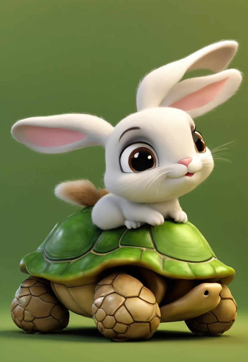 (((Cartoon Character 1.3))),(((A super cute rabbit standing on the back of a turtle))),((The rabbit stands on the back of a green tortoise:1.5)),With a pair of gold wire glasses,Wears a spotted vest on the top,Denim shorts on the bottom,Naughty expression,HD Real,Black eyes,Flying figure,HD picture,Sony SLR lens,Shoot at medium distance,Soft lighting,