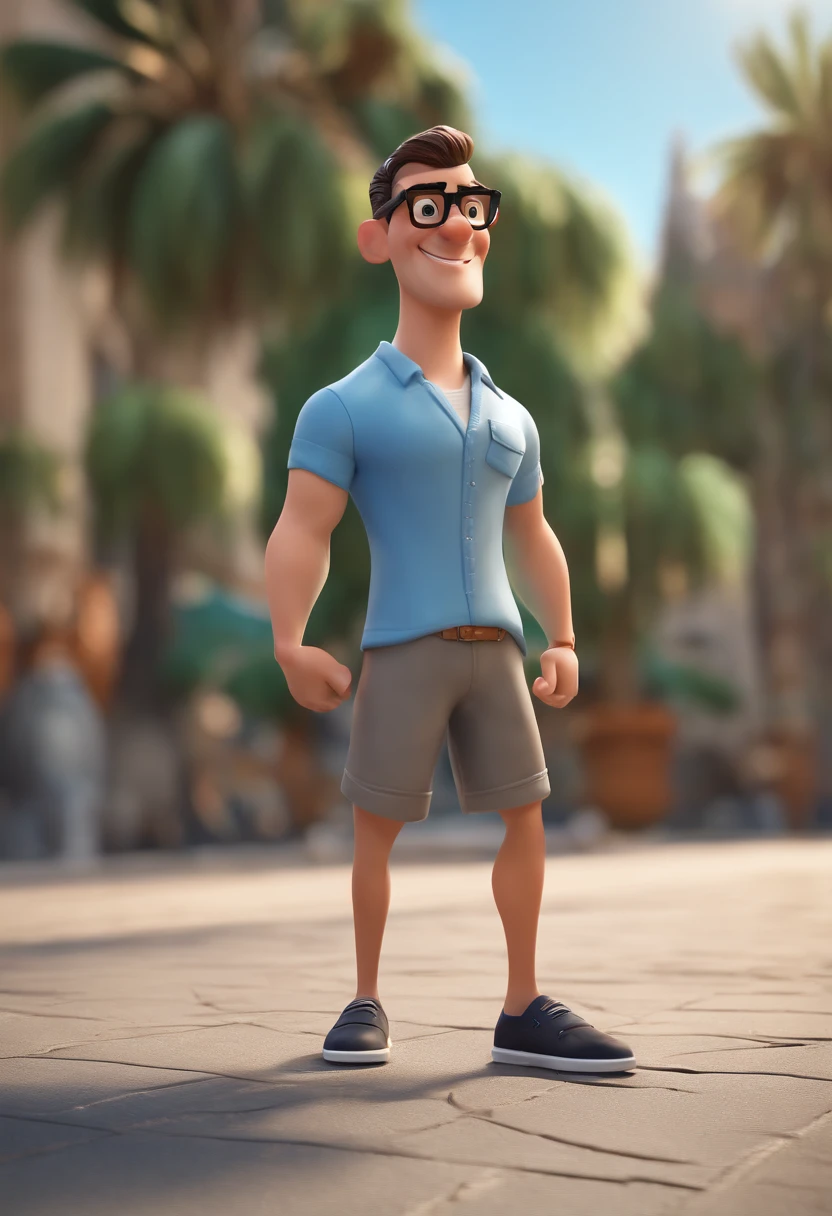 Cartoon character of a man with black glasses, pouco cabelo calvo, cor preto e branco e uma camisa azul, animation character, Caractere estilizado, animation style rendering, 3D estilizado, Edson render, 3 d render stylized, toon render keyshot, Personagem 3D, Personagem 3D, 3d rendering stylized, 3 d character render, personagem de desenho animado, Personagem de close up, Pose de personagem, (Estilo Pixar) (master part:1.2) (Bokeh) (best quality) (pele detalhada) (textura detalhada) (8k) (argila) (Cinematic lighting) (foco nítido)