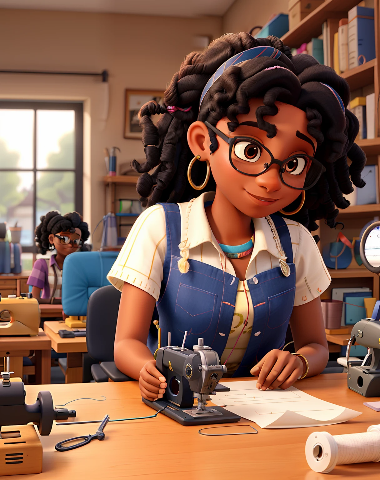 Uma Jovem Afro-Americana fazendo leitura de Moldes de Costura em um atelier de costura, estilo Disney Pixar, Alta Qualidade, Melhor Qualidade