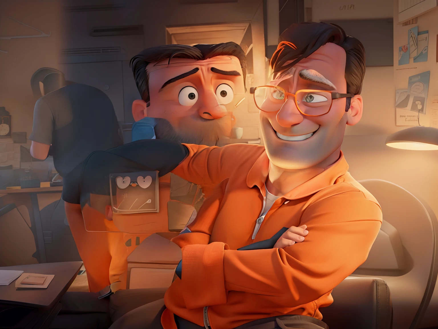 Jon Hamm, Cartoons in orange shirt and black pants, arms crossed, olhando para frente e sorrindo com os dentes aparecendo;