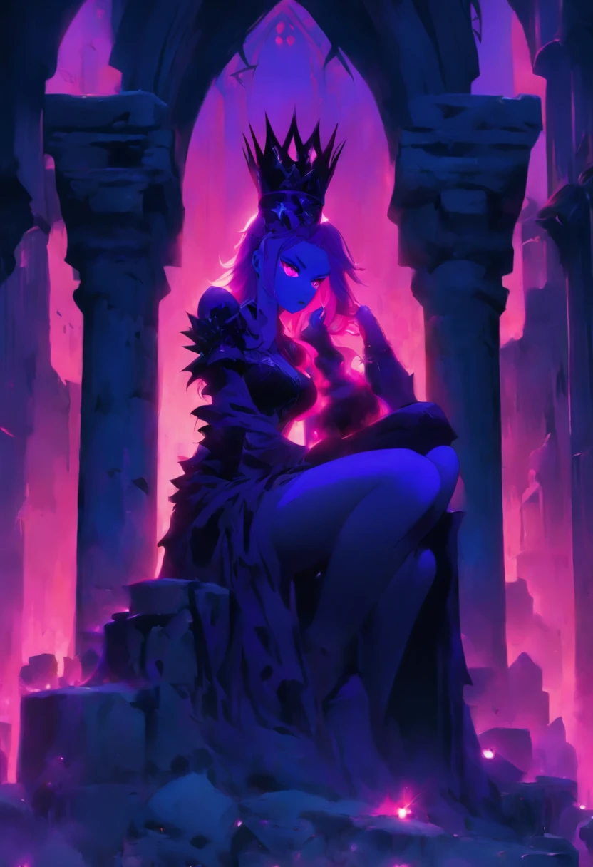 tall woman, with bluish skin, sitting on a stone throne inside a ruined castle, dominated by nature, poor lighting, gloomy place, She has a black iron crown With a purple jewel, His Expression is malicious, his eyes are purple, his lips have black lipstick, She is wearing a special type of clothing, it is purple skin that covers her entire body, this skin that covers her body is dark purple, he She has dark pink hair, her appearance is evil, She is totally seductive, her breasts are big, big breasts, huge breasts, thick thighs, big thighs, thick body Big ass, big glutes, big ass, silicone, She is sitting in a teasing way, the ruined castle has a shadowy sphere, {Best quality} {Masterpiece} {frontal focus} {focus on the woman} {poor lighting} {sexy woman}