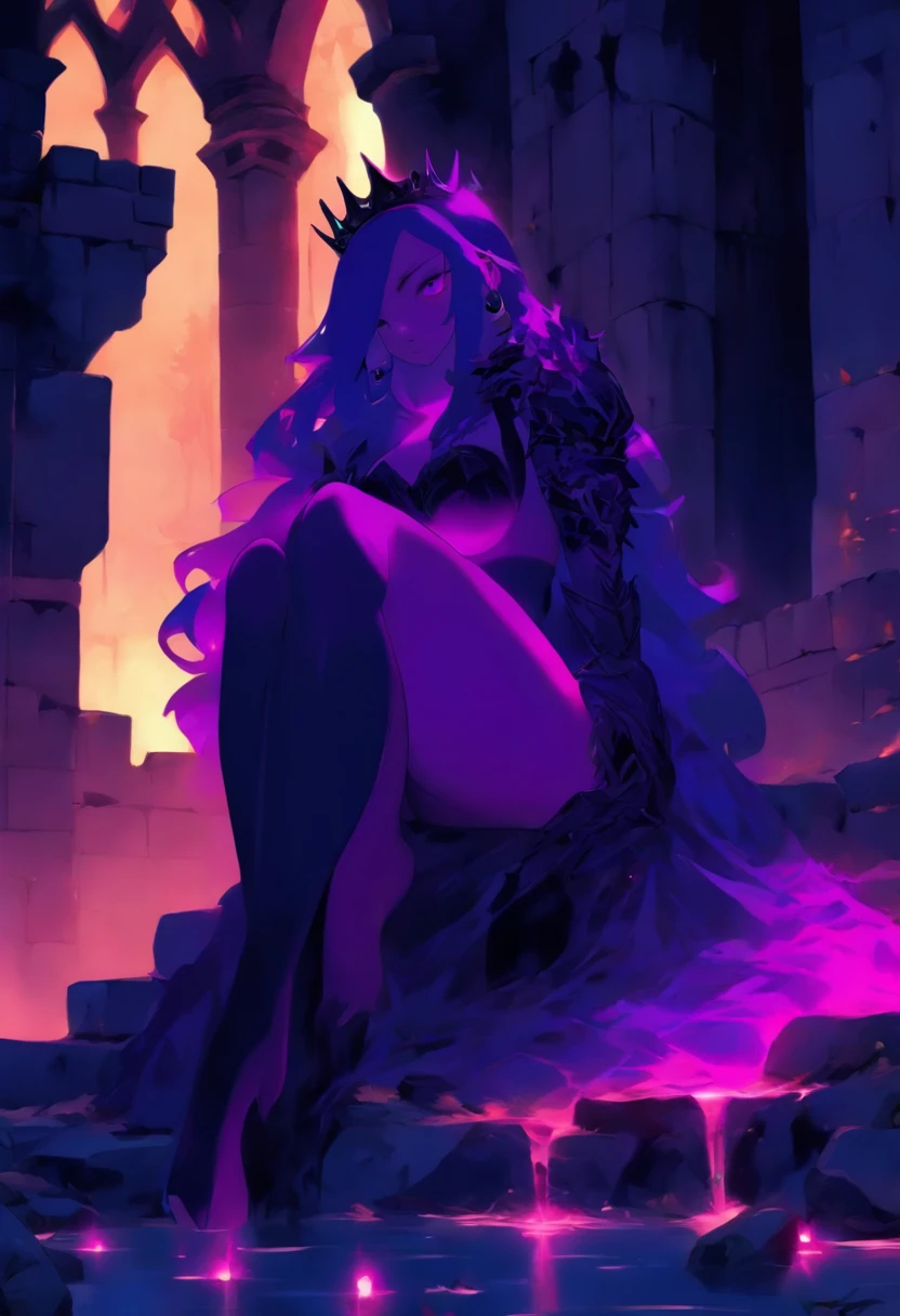 tall woman, with bluish skin, sitting on a stone throne inside a ruined castle, dominated by nature, poor lighting, gloomy place, She has a black iron crown With a purple jewel, His Expression is malicious, his eyes are purple, his lips have black lipstick, She is wearing a special type of clothing, it is purple skin that covers her entire body, this skin that covers her body is dark purple, he She has dark pink hair, her appearance is evil, She is totally seductive, her breasts are big, big breasts, huge breasts, thick thighs, big thighs, thick body Big ass, big glutes, big ass, silicone, She is sitting in a teasing way, the ruined castle has a shadowy sphere, {Best quality} {Masterpiece} {frontal focus} {focus on the woman} {poor lighting} {sexy woman}