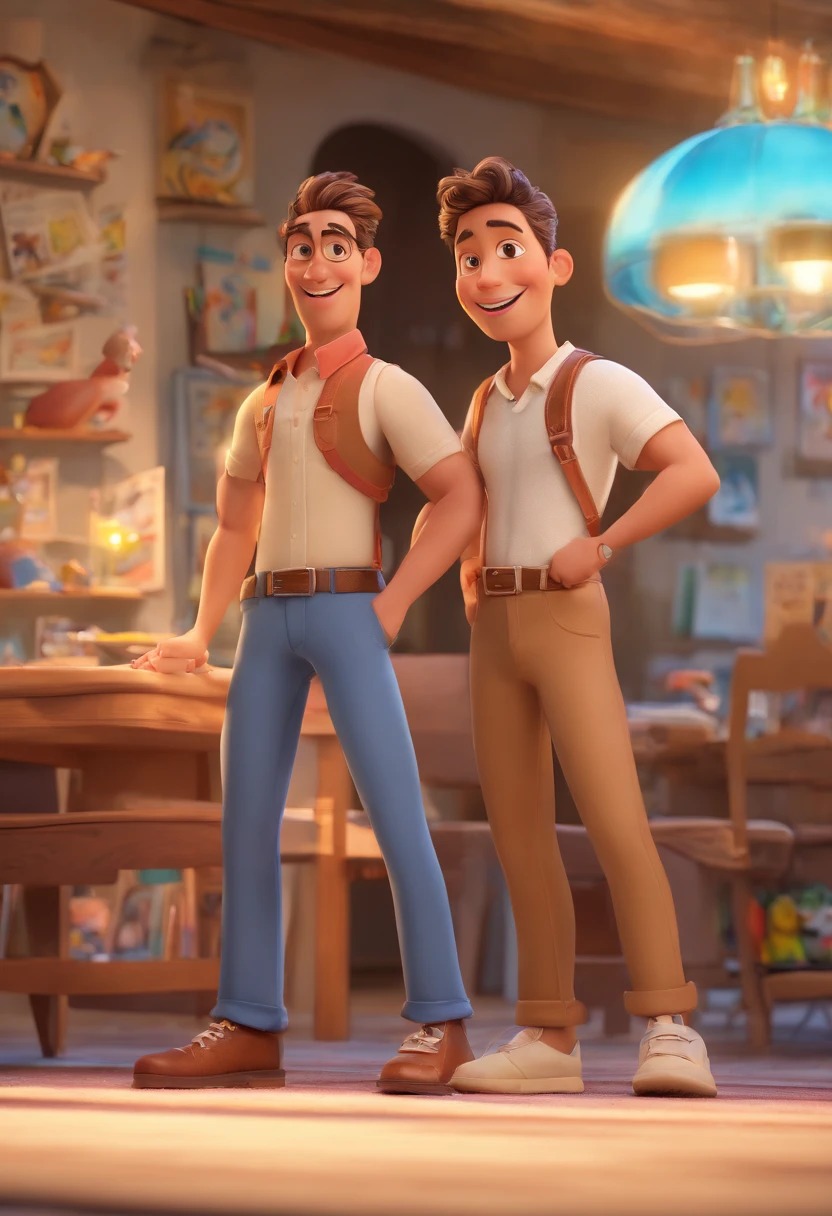 Cartoon of friends having fun on vacation together, 3D Animation Movie Poster, Poster de filme animado, pixar 3 d animation style, pixar renderman rendering, maia 8 mil, animated film, Disney Pixar Estilo 3D, amigos felizes saem juntos, all wearing light blue shirts and cream brown long pants, camisa azul clara, cream brown pants, ao ar livre, vacation, Disney Pixar Animation Poster
