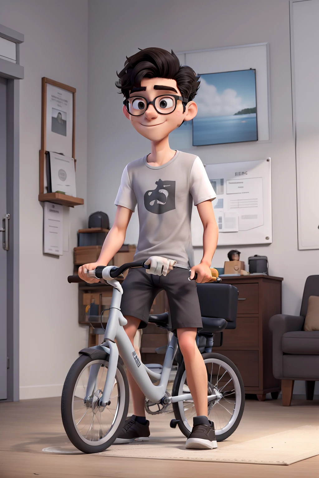masterpiece, best quality, an young thin man with glasses and medium black hair, wearing a grey t-shirt and white shorts, riding a bike