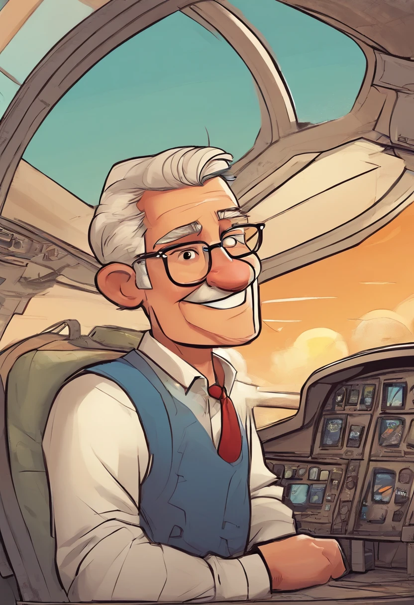 A  disney pixar like character, 49 years old guy, captain of an Airbus 320, inside the cockpit, looking back posing for a photograph, smiling. Coming towards the plane a cartoon like seagull, scared trying to stop in the air