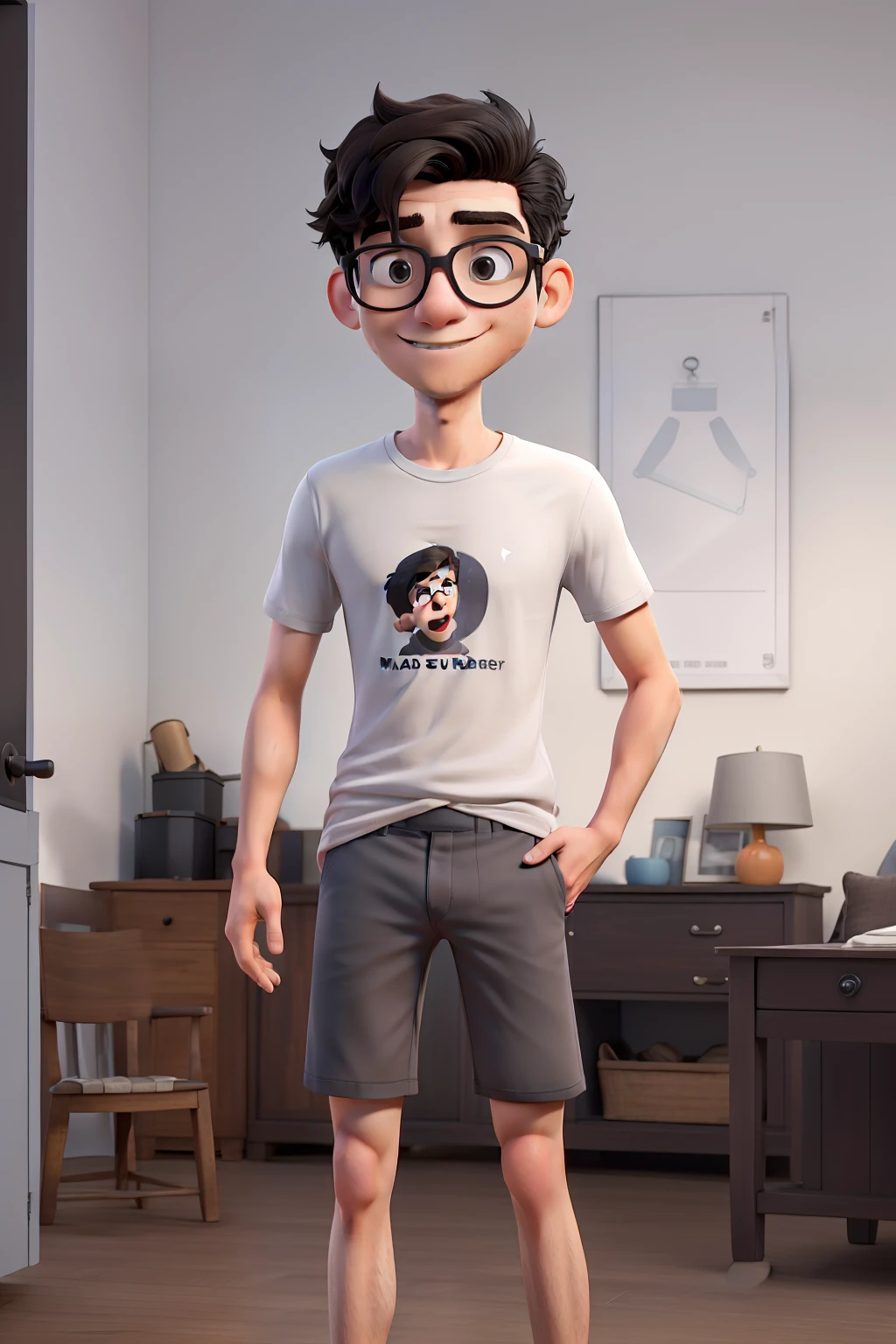 masterpiece, best quality, an young thin man with glasses and medium black hair, wearing a grey t-shirt and white shorts, riding a bike