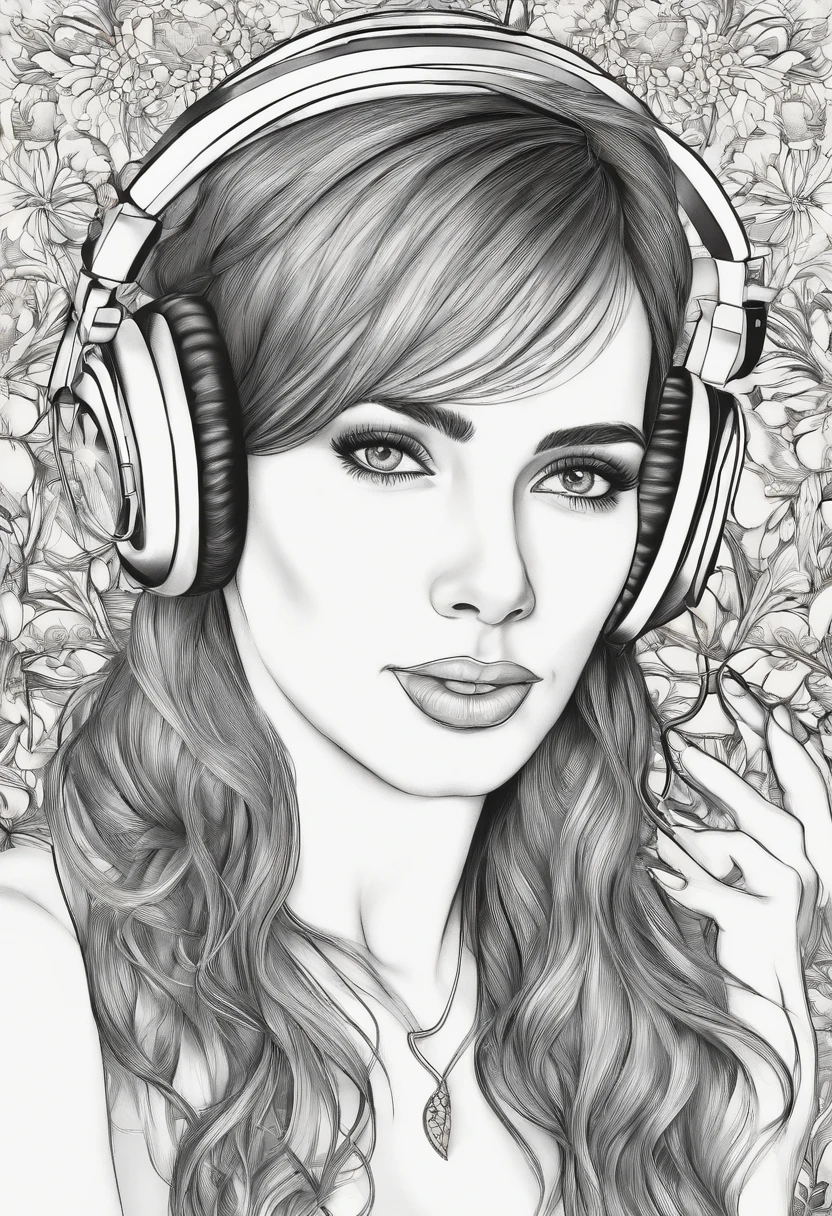 Dibujo para colorear de una chica con auriculares puestos