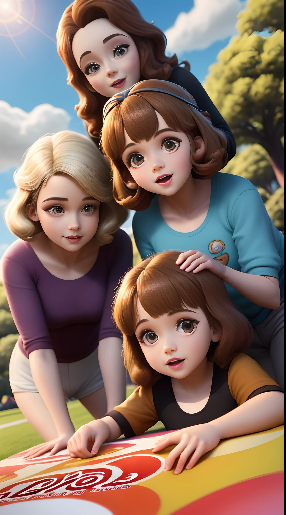 Poster de filme no estilo pixar 3d, tres s, duas de 7 anos cabelos cacheados marrons pele clara, uma de 6 anos pele clara cabelo liso marrom, brincando em um parque, em um dia de sol, com um tema escrito "Amores da minha vida "