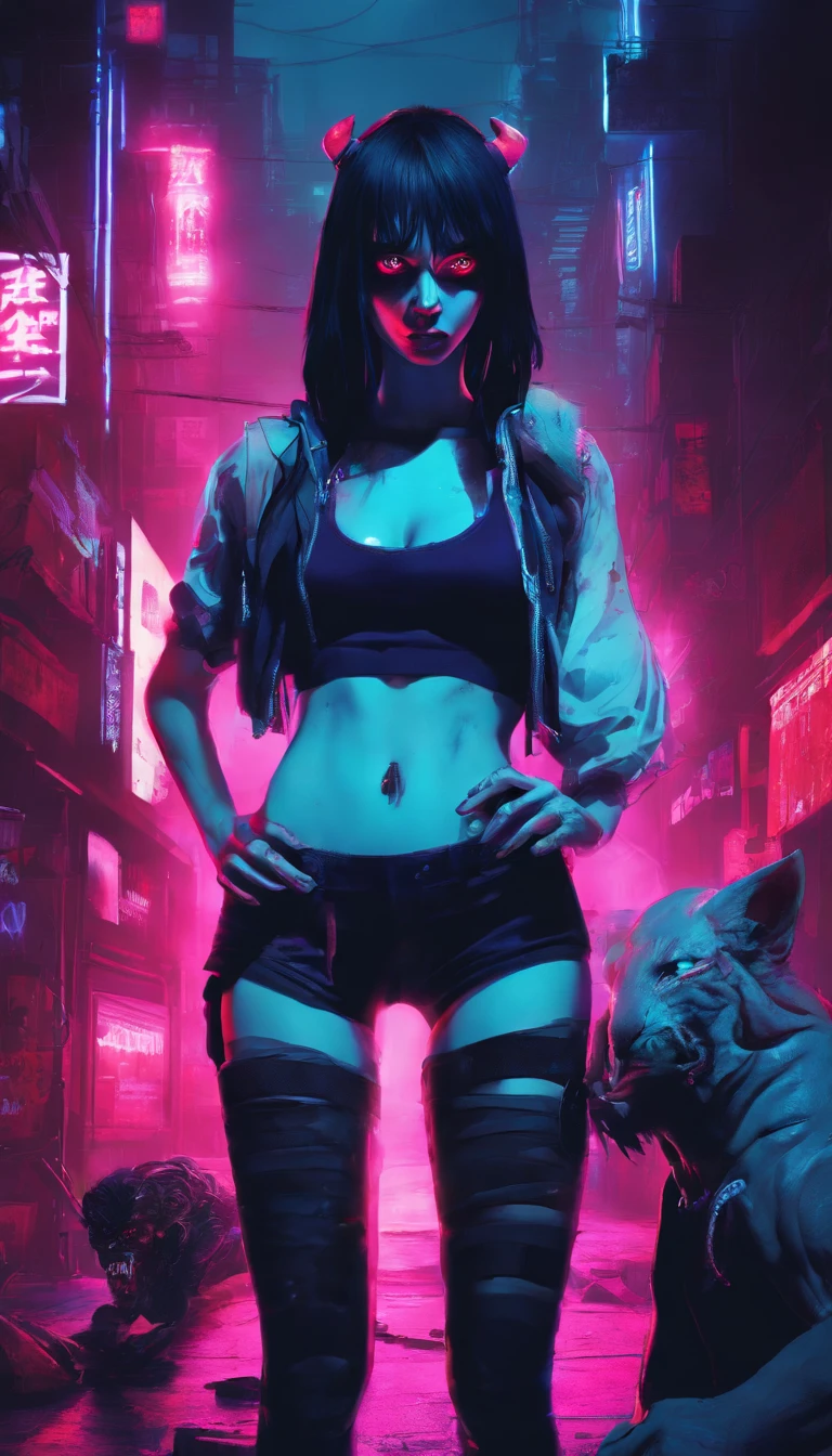 a demon in human form very strong and ugly ((human form)) is stalking a girl of 18 years old, the girl has a perfect face and is scared, the girl has blonde hair, with shiny green eyes crying with fear, full body and hourglass, medium breasts, the girl is dressed with a blue t-shirt stained with blood ((( priority of blood and blue color)), the girl wears a short white and red shorts, in the background a dark and scary alley of current time, in the background a human-looking demon and very dark and tall and strong as a ghost, good lighting on the girl, photography, 8k, realism, real life, (( very scary))