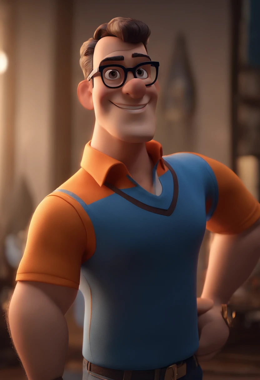 Cartoon character of a man with black glasses and a blue shirt, animation character, Caractere estilizado, animation style rendering, 3D estilizado, Arnold Maya render, 3 d render stylized, toon render keyshot, Personagem 3D, Personagem 3D, 3d rendering stylized, 3 d character render, personagem de desenho animado, Personagem de close up, Pose de personagem, (Estilo Pixar) (master part:1.2) (Bokeh) (best quality) (pele detalhada) (textura detalhada) (8k) (argila) (Cinematic lighting) (foco nítido