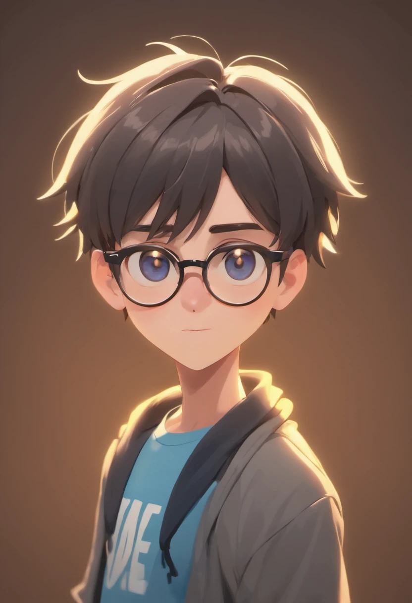 Cartoon character of a man with black glasses, cabelo cacheado marrom escuro e uma camisa azul, animation character, Caractere estilizado, animation style rendering, 3D estilizado, Arnold Maya render, 3 d render stylized, toon render keyshot, Personagem 3D, Personagem 3D, 3d rendering stylized, 3 d character render, personagem de desenho animado, Personagem de close up, Pose de personagem, (Estilo Pixar) (master part:1.2) (Bokeh) (best quality) (pele detalhada) (textura detalhada) (8k) (argila) (Cinematic lighting) (foco nítido