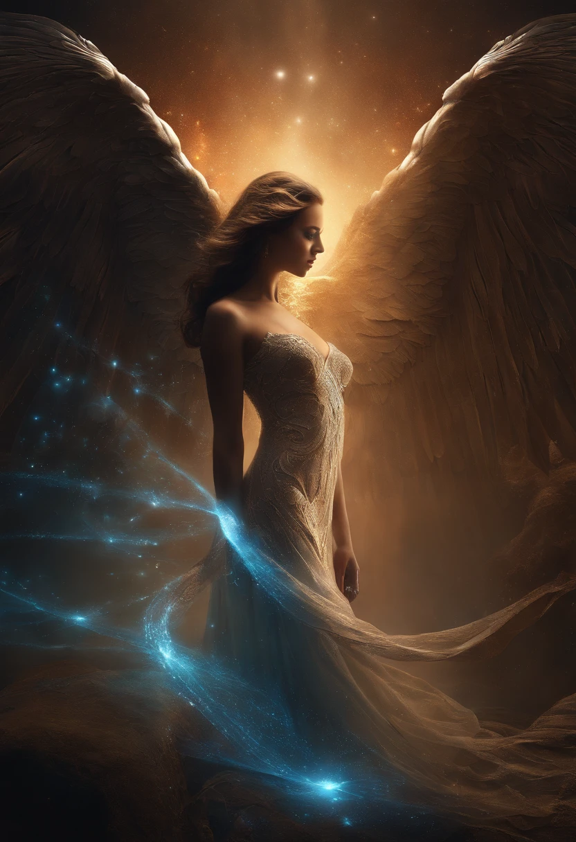 cosmic fallen angel, olhos claros brilhantes, Biomechanicals, estranho, assustador, Pesadelo, cores muito brilhantes, light particles, com luz brilhante, Mshiff, Arte do papel de parede, Papel de parede UHD