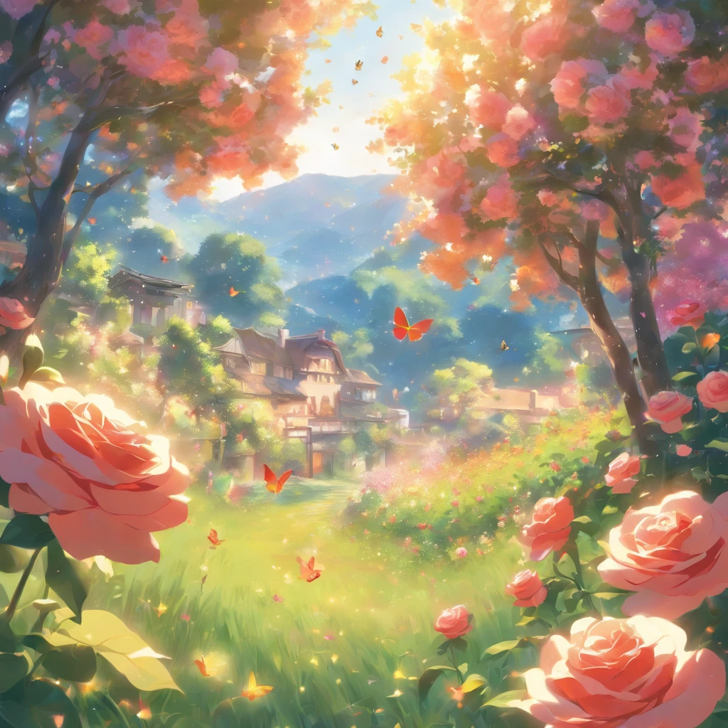 highres,ultra-detailed,painting,rose field,landscape,vibrant colors,soft sunlight,subtle breeze,serene atmosphere,lush green grass,distinctive aroma,peaceful surroundings,delicate petals,variety of colors,layered blooms,scattered butterflies,bees collecting nectar,calming beauty,budding roses in different stages,playful sunlight and shadows,harmony of nature,tranquil escape,splashes of red,pink,orange and yellow,immersive experience,artistic masterpiece,sublime scenery