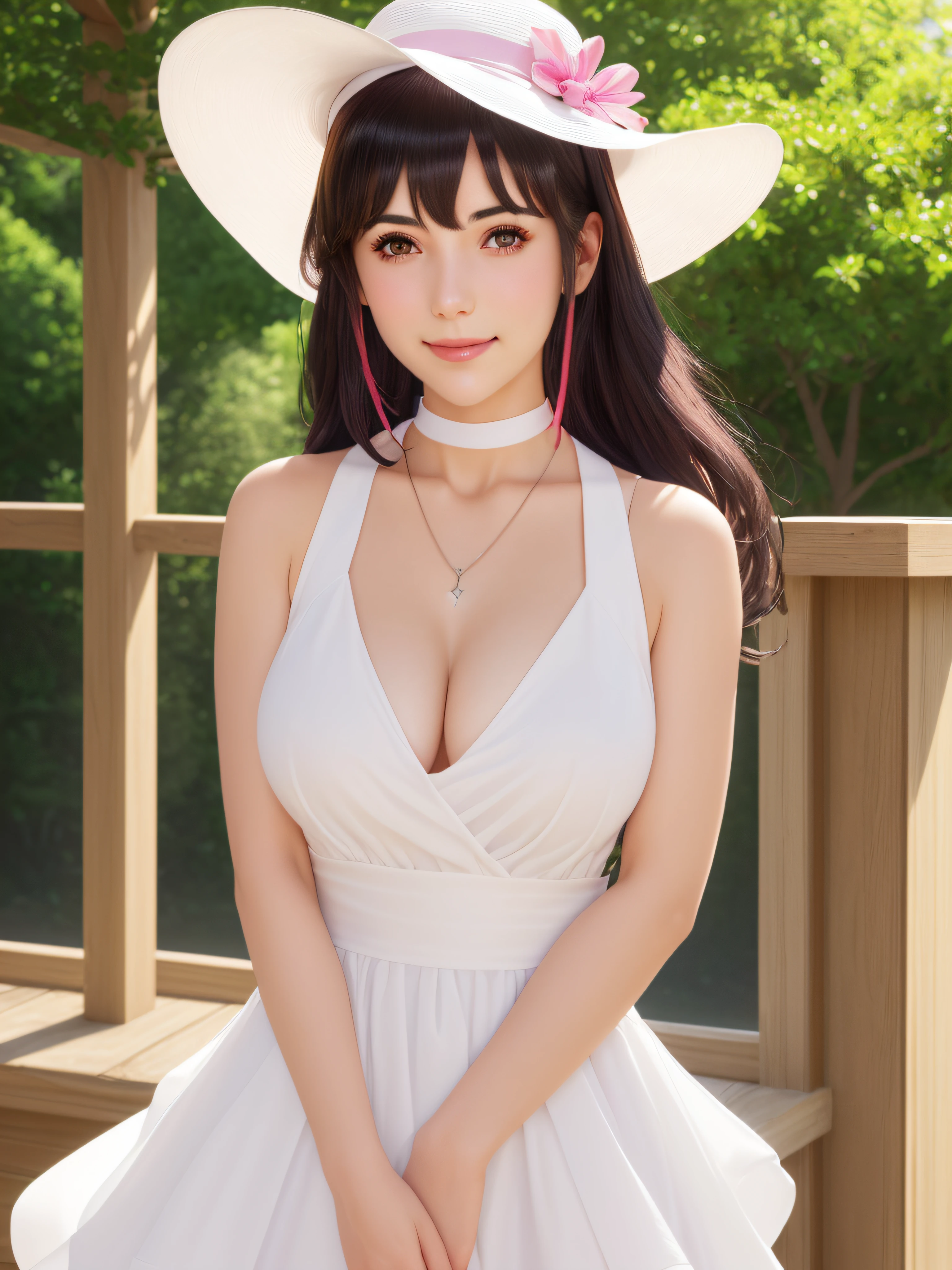 best quality, masterpiece, ph utaha, 1girl, solo, hat, jewelry, long hair, dress, smile, wrist scrunchie, breasts,full body sun hat, necklace, choker, white background, simple background, red eyes, scrunchie, white headwear, cleavage, black hair, white dress, sleeveless, ribbon, blush, hands on headwear, pendant, medium breasts, sleeveless dress, purple hair, brown eyes, collarbone, large breasts, bare shoulders, bangs, (masterpiece:1.2, best quality), (finely detailed beautiful eyes: 1.2), (extremely detailed CG unity 8k wallpaper, masterpiece, best quality, ultra-detailed, best shadow), (detailed background), (beautiful detailed face, beautiful detailed eyes), High contrast, (best illumination, an extremely delicate and beautiful),((colourful paint splashes on transparent background, dulux,))