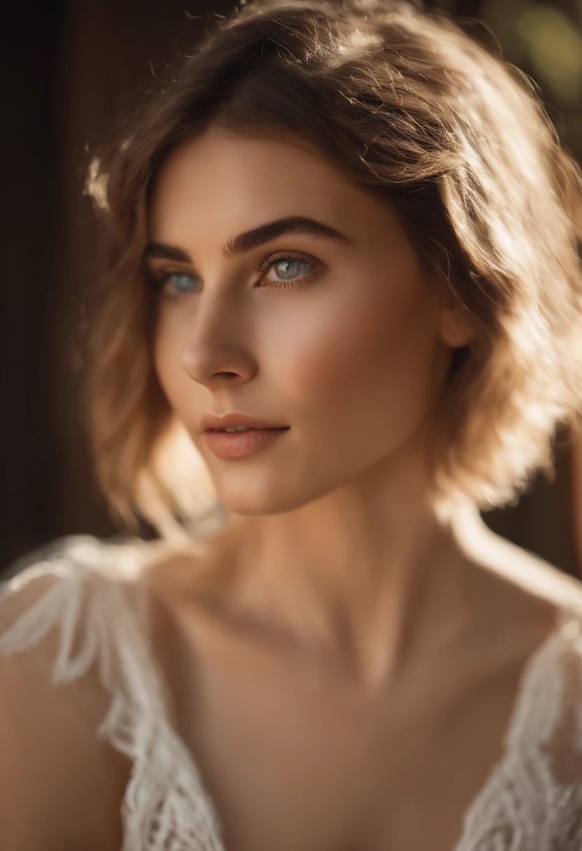 Short hair and white summer knit, Summer Mesh, short hair, cabelo curto com franja, com cara bonito, bonito rosto fino no retrato, french bob, pale fair skin!!, cabelos castanhos curtos e olhos grandes, foto retrato suave 8 k, lindos olhos grandes luz, menina bonita, Menina nova corte de bob, melhor qualidade de imagem, master part, notas de Leonardo da Vinci da Vinci, O manuscrito de Leonardo da Vinci como pano de fundo