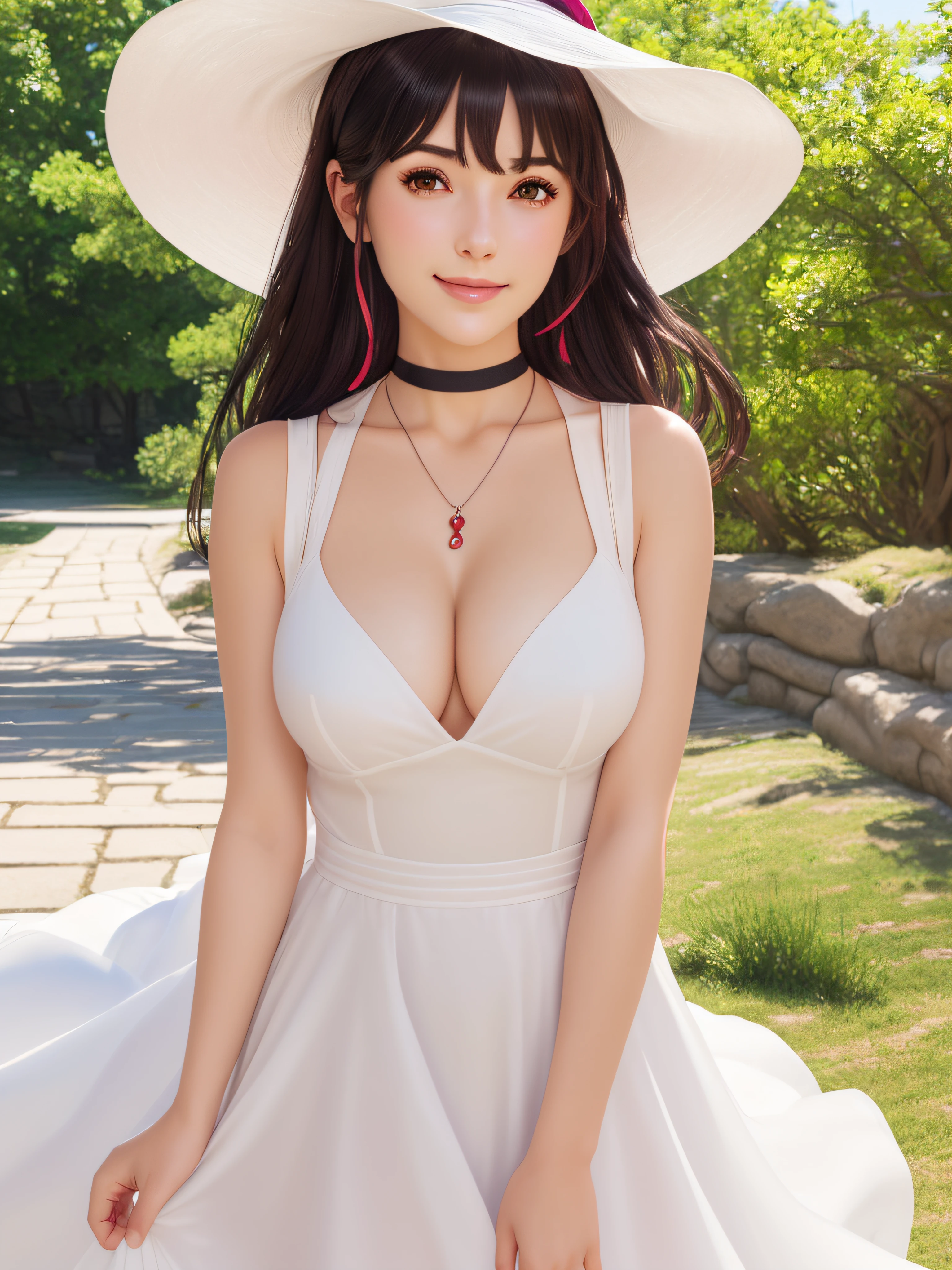 best quality, masterpiece, ph utaha, 1girl, solo, hat, jewelry, long hair, dress, smile, wrist scrunchie, breasts,full body sun hat, necklace, choker, white background, simple background, red eyes, scrunchie, white headwear, cleavage, black hair, white dress, sleeveless, ribbon, blush, hands on headwear, pendant, medium breasts, sleeveless dress, purple hair, brown eyes, collarbone, large breasts, bare shoulders, bangs, (masterpiece:1.2, best quality), (finely detailed beautiful eyes: 1.2), (extremely detailed CG unity 8k wallpaper, masterpiece, best quality, ultra-detailed, best shadow), (detailed background), (beautiful detailed face, beautiful detailed eyes), High contrast, (best illumination, an extremely delicate and beautiful),((colourful paint splashes on transparent background, dulux,))