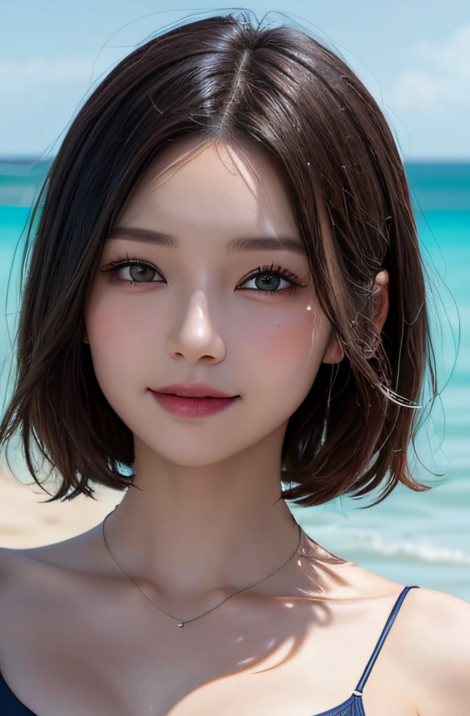 top-quality、top-quality、realisitic、Unity、8k wallpaper、Official art、Highly detailed CG Unity 8k wallpaper、ultra-detailliert、hight resolution、Physically-based rendering、ultra-detailliert,magnifica, finely detail,1girl in、(Smile Face:1.2)、Slim Face、Pretty Lady、hyperdetailed face、Detailed eye、二重まぶた、Kamimei、(glistning skin)、(sun-kissed skin)、(real looking skin)、View、Blurred background、(Colossal tits)、(Chest to head)、frontage、Slim Face、the beach、profetional lighting、Lighting the face、best light,(Adult Bikini)、(Phalaenopsis Shinobu)、Enako、