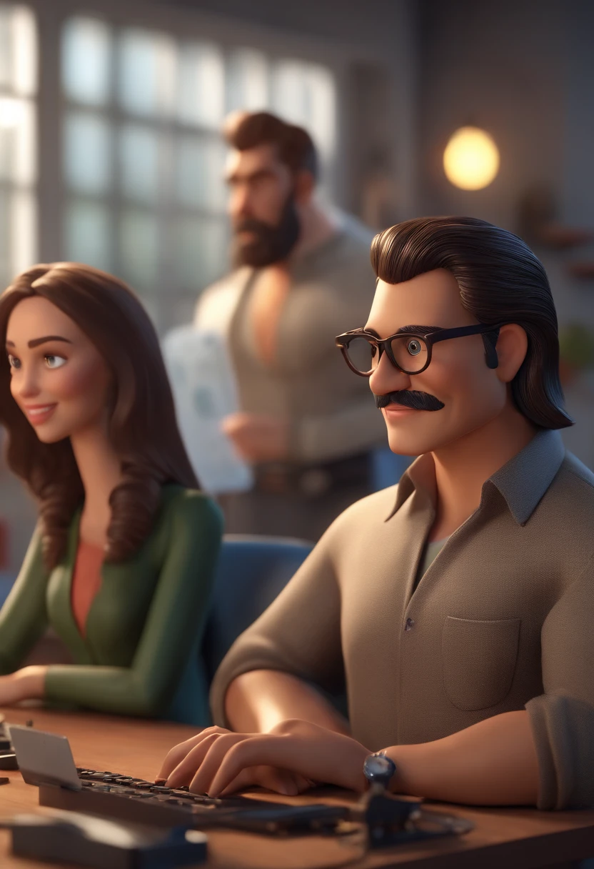 Couple working in print shop with printers woman with long hair and bangs, homem cabelo preto e barba, animation character, Caractere estilizado, animation style rendering, 3D estilizado, Arnold Maya render, 3 d render stylized, toon render keyshot, Personagem 3D, Personagem 3D, 3d rendering stylized, 3 d character render, personagem de desenho animado, Personagem de close up, Pose de personagem, (Estilo Pixar) (master part:1.2) (Bokeh) (best quality) (pele detalhada) (textura detalhada) (8k) (argila) (Cinematic lighting) (foco nítido