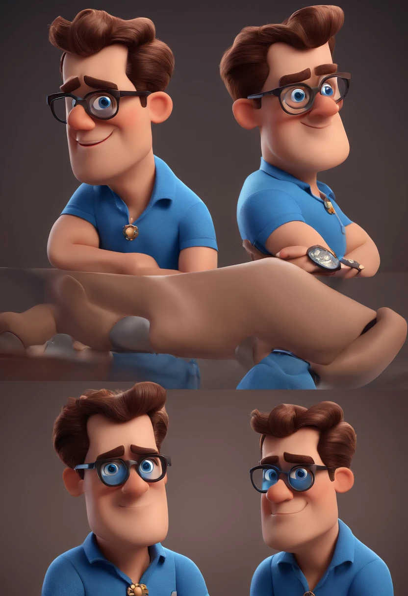 Cartoon character of a man with black glasses and a blue shirt, animation character, Caractere estilizado, animation style rendering, 3D estilizado, Arnold Maya render, 3 d render stylized, toon render keyshot, Personagem 3D, Personagem 3D, 3d rendering stylized, 3 d character render, personagem de desenho animado, Personagem de close up, Pose de personagem, (Estilo Pixar) (master part:1.2) (Bokeh) (best quality) (pele detalhada) (textura detalhada) (8k) (argila) (Cinematic lighting) (foco nítido