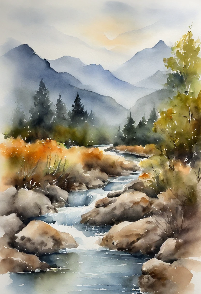 Paisaje，Estilo de pintura con tinta china，Serene River，Viejo pescador en la orilla，Mountains loom in the distance，brumoso。
