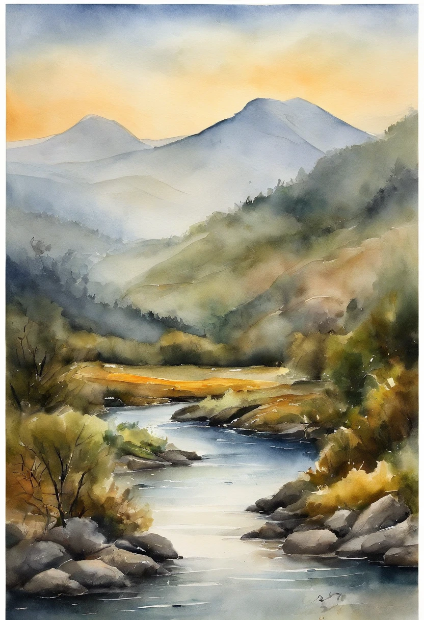 Paisaje，Estilo de pintura con tinta china，Serene River，Viejo pescador en la orilla，Mountains loom in the distance，brumoso。
