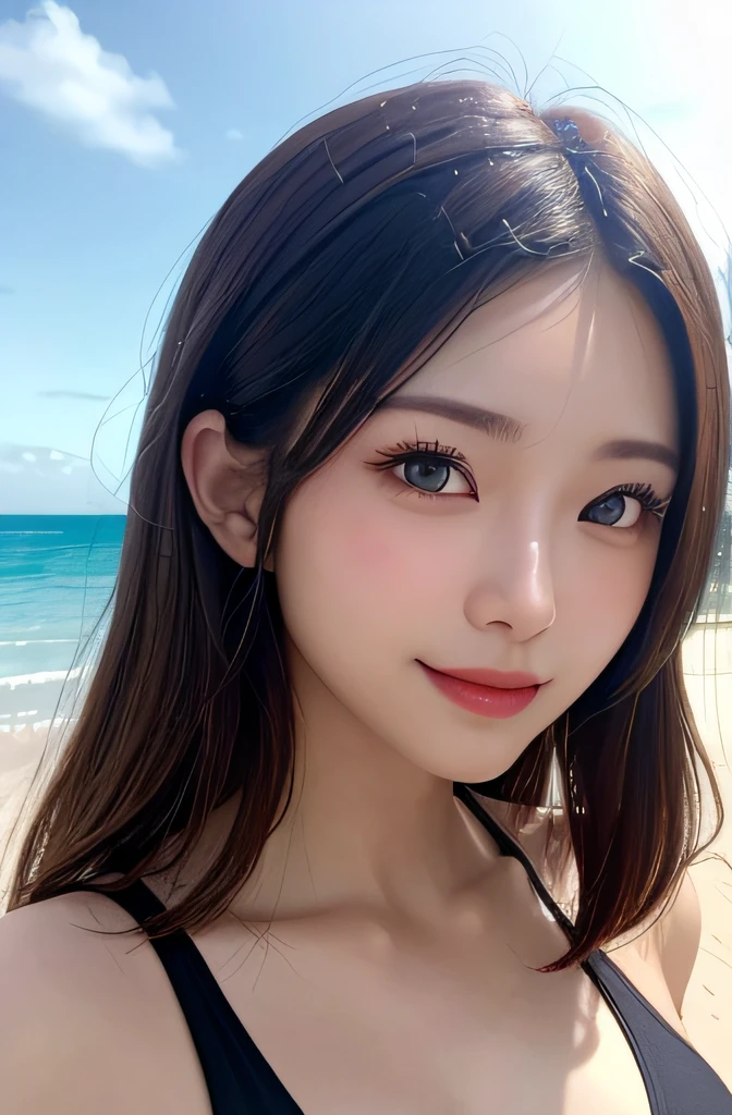 8K,Pieces fly, Highest quality, figure, Very detailed, finely, High resolution, 8k wallpaper, Perfect dynamic composition, Dark and beautiful eyes, Random Cute Hairstyles, Large Breasts, Natural color lip,Beach, Random cute poses,smile,Cleavage,Detailed eyes