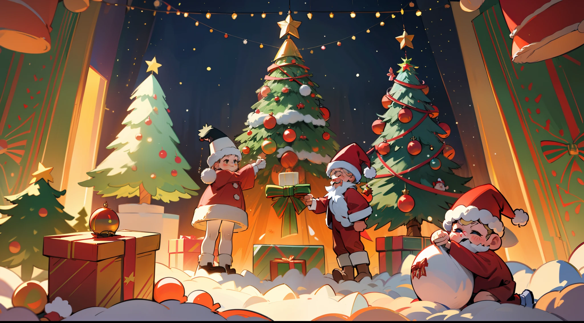 best qualtiy，16k，8K，True exposure，Ray traching，Excellent image quality，Christmas poster，Childlike，Christmas atmosphere，A real Christmas tree，pompon，bell，Luminous colored light bar，inside in room，Chilling，Santa Claus hat，Christmas decorations are hung on the wall，snowflower