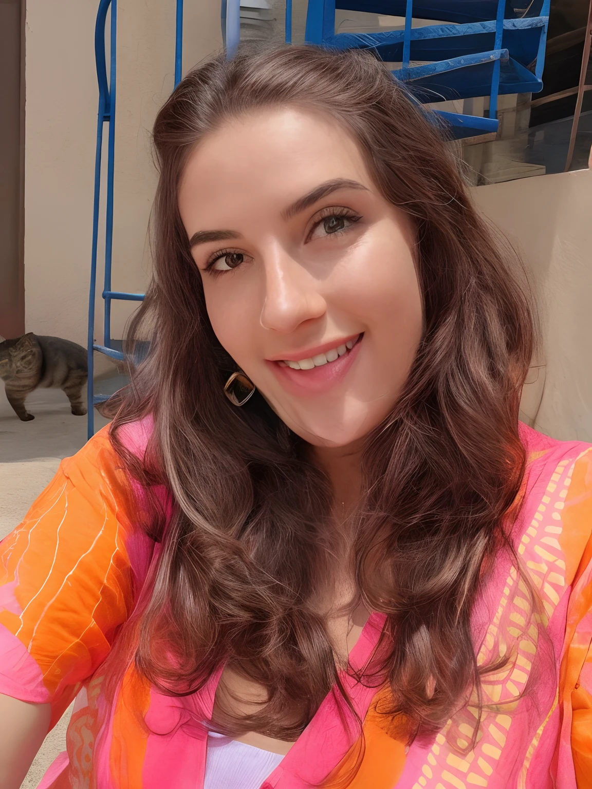 Mulher de cabelos castanhos e olhos verdes, sorridente na camisa laranja e rosa com gato no fundo, dia ensolarado
