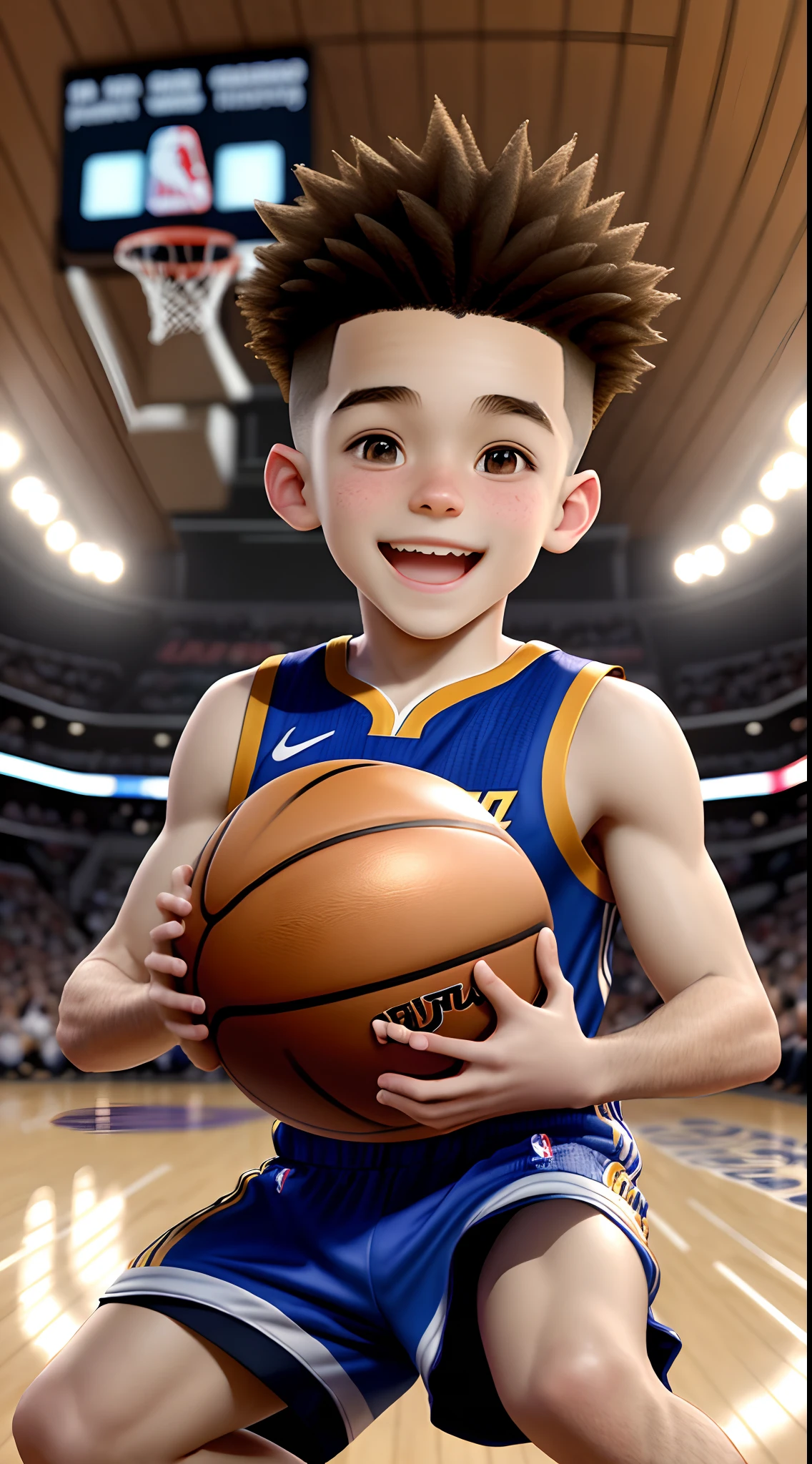 Poster 3D inspirado na Disney/Pixar capturando uma cena com de 13 anos de cabelo castanho ondulado, olhos castanhos escuros, alto, magro, jogando basquete numa quadra oficial da NBA com muita gente na plateia. He's making a table basket.
He's excited and happy
the title "NBA" stands out in the scenario