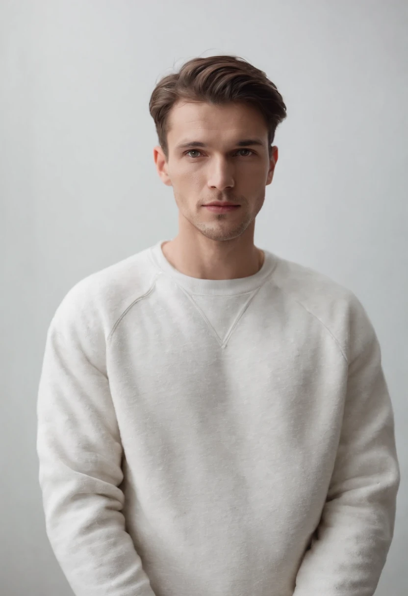 Un homme portant un sweatshirt , Standing facing min, from a white background, dramatique