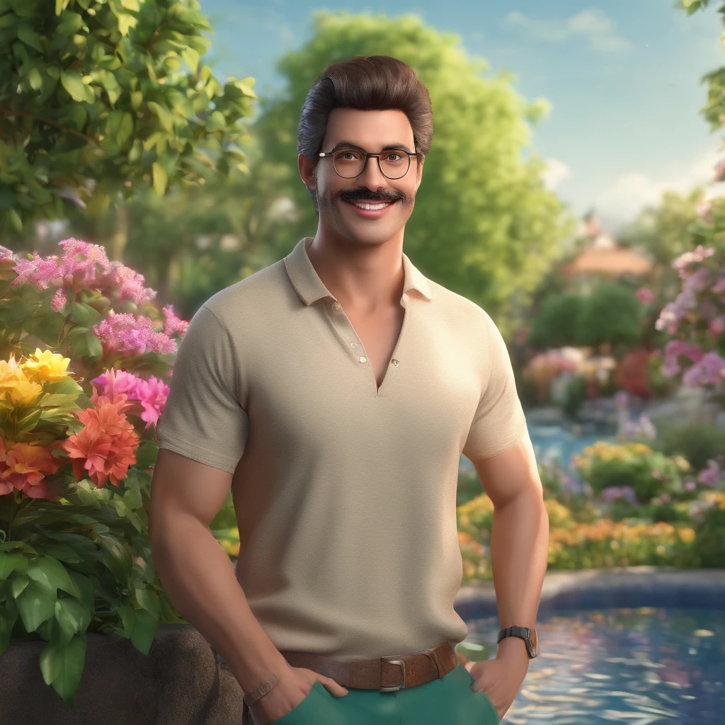 (best quality,4k,8k,highres,masterpiece:1.2),ultra-detailed,(realistic,photorealistic,photo-realistic:1.37),a man with dark brown hair and glasses wearing a Fluminense shirt,green scenery,gorgeous garden,serene atmosphere,vibrant colors,bright sunlight,flawless skin,confident expression,sharp focus,studio lighting,physically-based rendering,finely textured hair,fine lines around the eyes and mouth,Detailed and expressive eyes with dark brown irises and long eyelashes,subtle smile on his lips,casual and relaxed pose,background with trees,flowers,and a peaceful water fountain