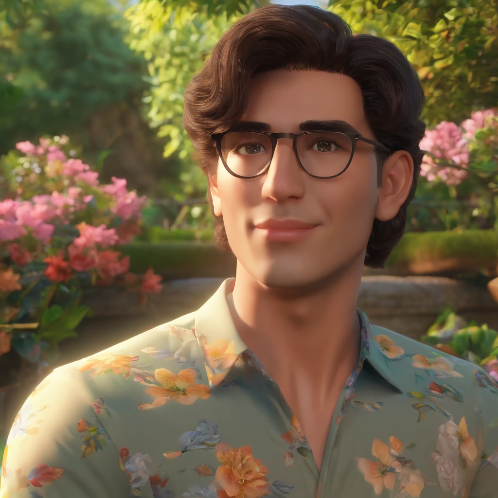 (best quality,4k,8k,highres,masterpiece:1.2),ultra-detailed,(realistic,photorealistic,photo-realistic:1.37),a man with dark brown hair and glasses wearing a Fluminense shirt,green scenery,gorgeous garden,serene atmosphere,vibrant colors,bright sunlight,flawless skin,confident expression,sharp focus,studio lighting,physically-based rendering,finely textured hair,fine lines around the eyes and mouth,Detailed and expressive eyes with dark brown irises and long eyelashes,subtle smile on his lips,casual and relaxed pose,background with trees,flowers,and a peaceful water fountain