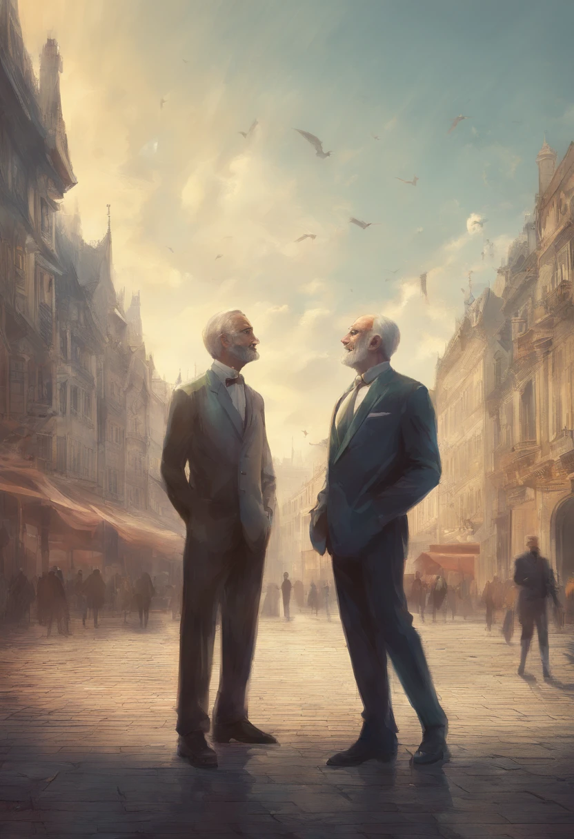 two happy men in a square
