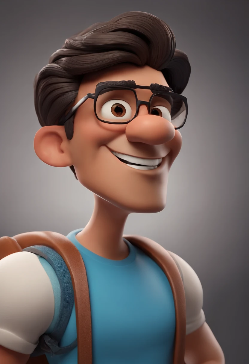 Cartoon character of a man wearing black glasses and a blue shirt, um personagem animado, Caractere estilizado, animation style rendering, 3D estilizado, Arnold Maya render, 3 d render stylized, toon render keyshot, Personagem 3D, Personagem 3D, 3d rendering stylized, 3 d character render, personagem de desenho animado, Personagem de close up, Pose de personagem, (Estilo Pixar) (master part:1.2) (Bokeh) (best quality) (pele detalhada) (textura detalhada) (8k) (argila) (Cinematic lighting) (foco nítido，Senta e vaza a parte superior do corpo