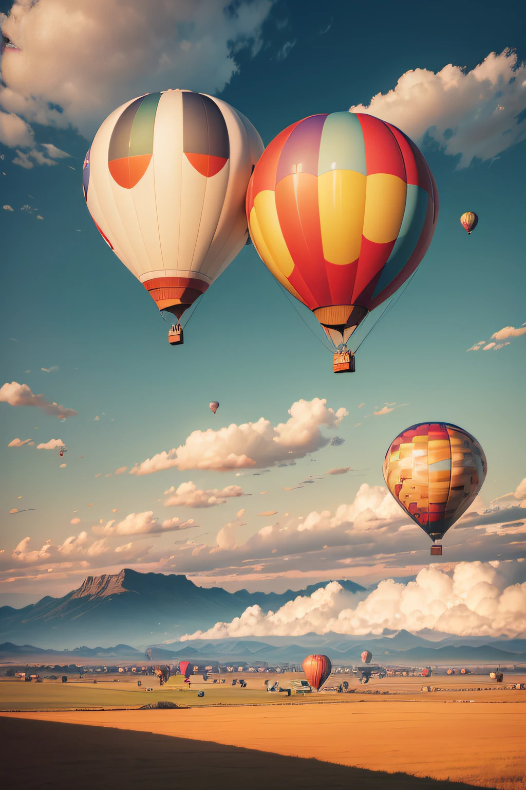 Two hot air balloons fly over the prairie landscape,The background is mountains,beautiful sky,White clouds,rainbowing,4K Ultra HD, 超高分辨率, (Photorealistic: 1.4), Best quality,Masterpiece,(pastel colour:1.2)