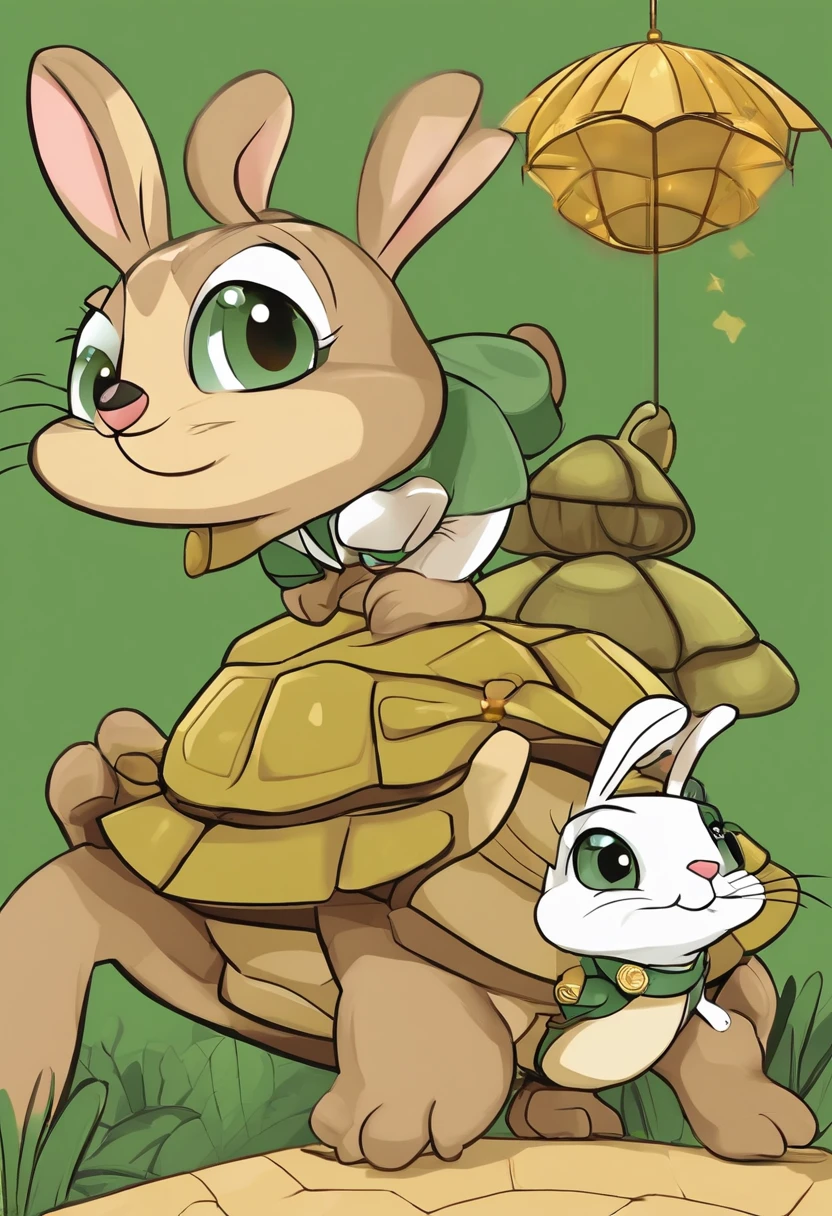 (((Cartoon Character 1.3))),(((A super cute rabbit standing on the back of a turtle))),((A rabbit with a large gold medal around its neck stands on the back of a green turtle)),With a pair of gold wire glasses,Wears a spotted vest on the top,Denim shorts on the bottom,Naughty expression,HD Real,Black eyes,Flying figure,HD picture,Sony SLR lens,Shoot at medium distance,Soft lighting,Master masterpieces,k hd
