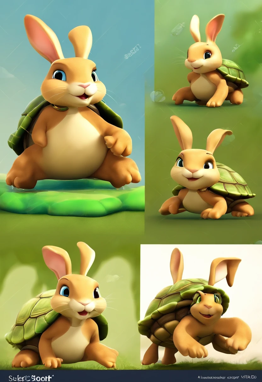(((Cartoon Character 1.3)))，(((A super cute rabbit standing on the back of a turtle)))，((A rabbit with a large gold medal around its neck stands on the back of a green turtle))，With a pair of gold wire glasses，Wears a spotted vest on the top，Denim shorts on the bottom，Naughty expression，HD Real，Black eyes，Flying figure，HD picture，Sony SLR lens，Shoot at medium distance，Soft lighting，Master masterpieces，k hd