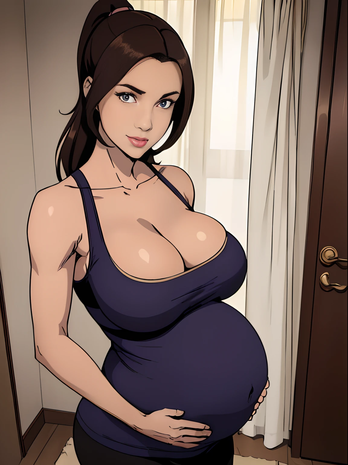 (masterpiece, top quality, best quality, official art, beautiful and aesthetic:1.2), (1girl:1.3), (gorgeous face), light freckles, fair skin, brown hair, extremely detailed, portrait, looking at viewer, solo, (full body:0.6), detailed background, close up, (airy modern theme:1.1), extremely busty pregnant woman, ponytail, big lips, hand on belly, charlatan, warm smile, mysterious, standing in the living room, sports bra, leggings, windows, modern apartment, well-lit, thin and toned physique, ((((gigantic breasts, pregnant, cleavage, skindentation)))), slim waist, slim hips, long legs, modern (apartment interior:1.1) background, dark mysterious lighting, shadows, magical atmosphere, dutch angle,