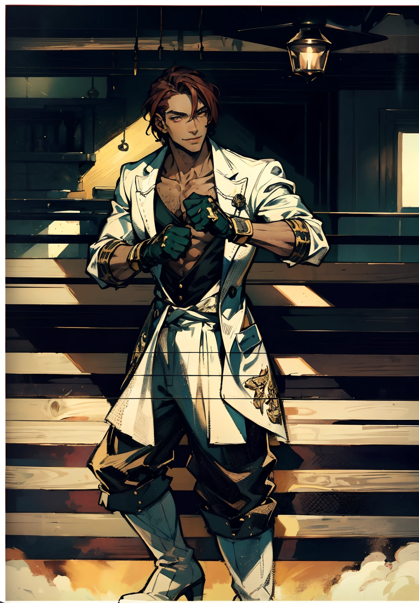 A young man, auburn hair, a center-parted back hairstyle, dark skin, narrow eyes, a cunning smile, a two-piece fantasy-reality style outfit, a white undershirt, a dark formal-style coat, wearing gloves, matching trousers with the outfit, has metallic-adorned knee-high boots, striking a boxing pose, against a background of horizon, this character embodies a finely crafted fantasy-reality style fighter in anime style, characterized by an exquisite and mature manga illustration art style, high definition, best quality, highres, ultra-detailed, ultra-fine painting, extremely delicate, professional, anatomically correct, symmetrical face, extremely detailed eyes and face, high quality eyes, creativity, RAW photo, UHD, 8k, Natural light, cinematic lighting, masterpiece-anatomy-perfect, masterpiece:1.5