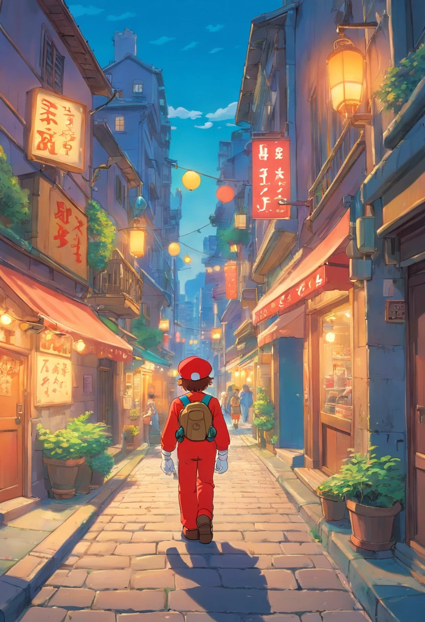 ova film cartoon screencap from 1990, featuring mario walking in the city, studio ghibli style"