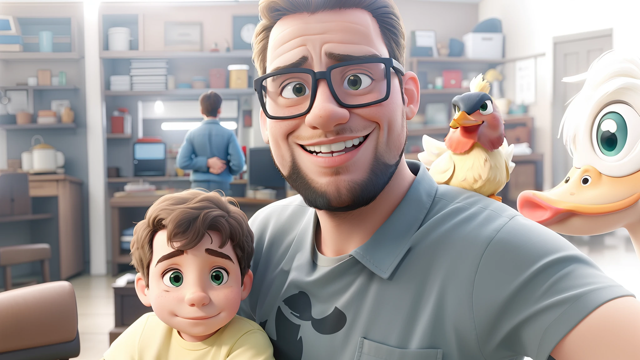 there is a man and a child that are standing in front of a duck