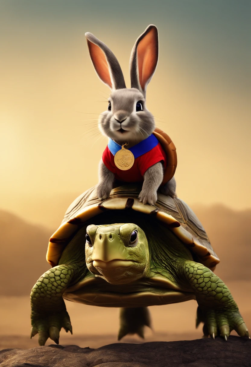 (((Cartoon Character 1.3)))，(((Wear a Nike T-shirt，A super cute rabbit standing on the back of a turtle)))，((A rabbit with a large gold medal around its neck stands on the back of a green turtle))，Wears a spotted vest on the top，Denim shorts on the bottom，Naughty expression，HD Real，Black eyes，Flying figure，HD picture，Sony SLR lens，Shoot at medium distance，Soft lighting，