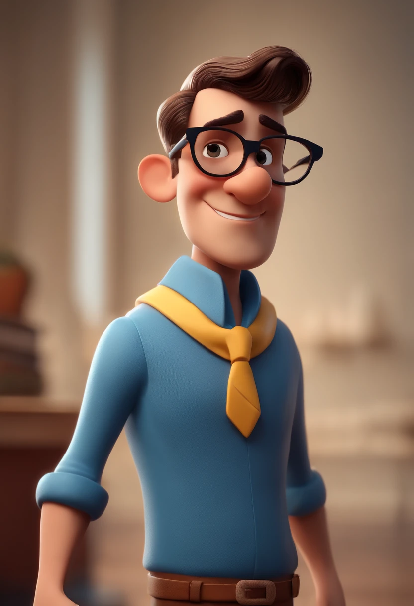 Cartoon character of a man with black glasses and a blue shirt, animation character, Caractere estilizado, animation style rendering, 3D estilizado, Arnold Maya render, 3 d render stylized, toon render keyshot, Personagem 3D, Personagem 3D, 3d rendering stylized, 3 d character render, personagem de desenho animado, Personagem de close up, Pose de personagem, (Estilo Pixar) (master part:1.2) (Bokeh) (best quality) (pele detalhada) (textura detalhada) (8k) (argila) (Cinematic lighting) (foco nítido