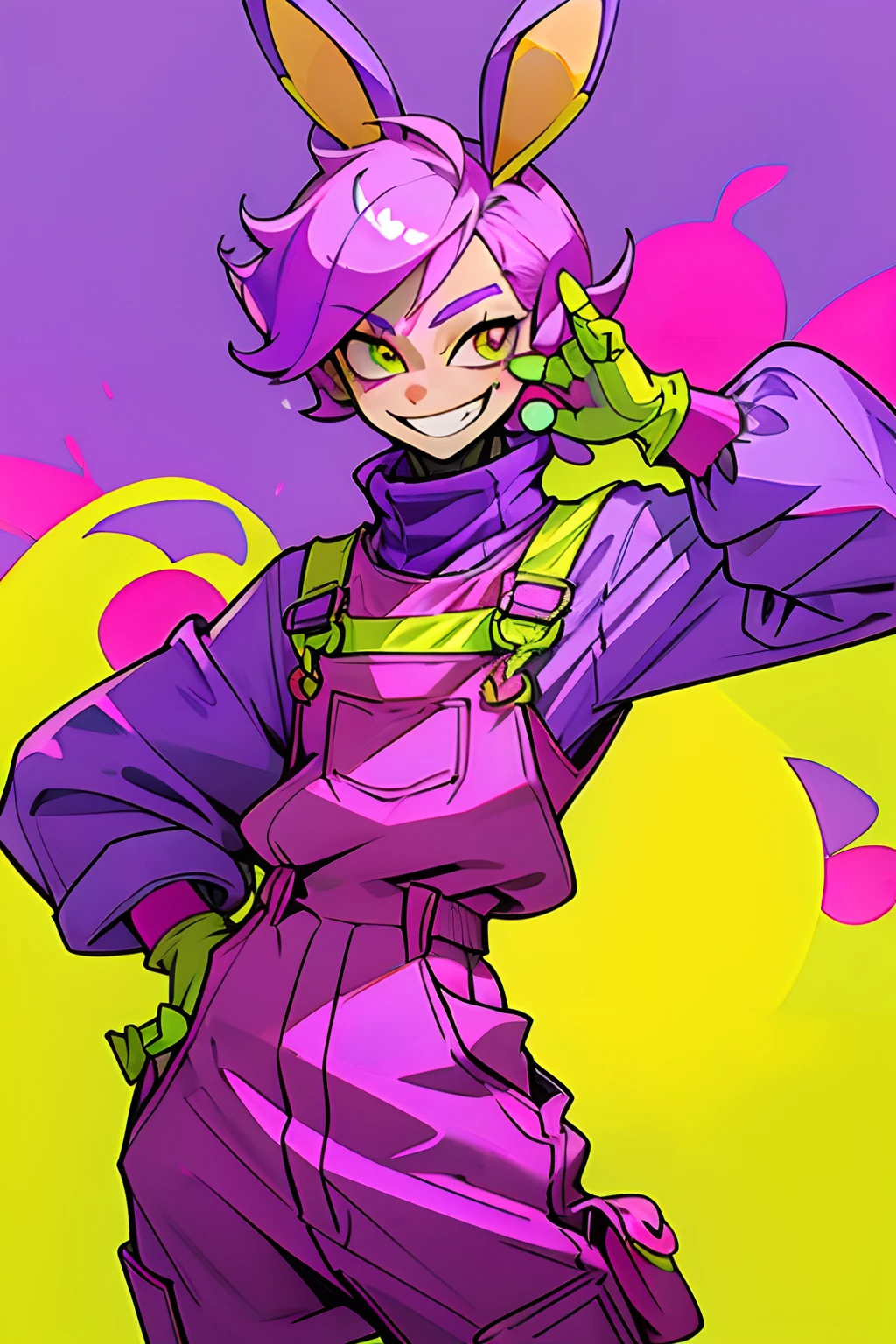 kpop boy wearing a soft purple turtle neck outfit, with a pink fuchsia-colored overalls , yellow gloves, smile with teeth, purple rabbit ear, smirk rizz face, attractive pose cannot be ressist