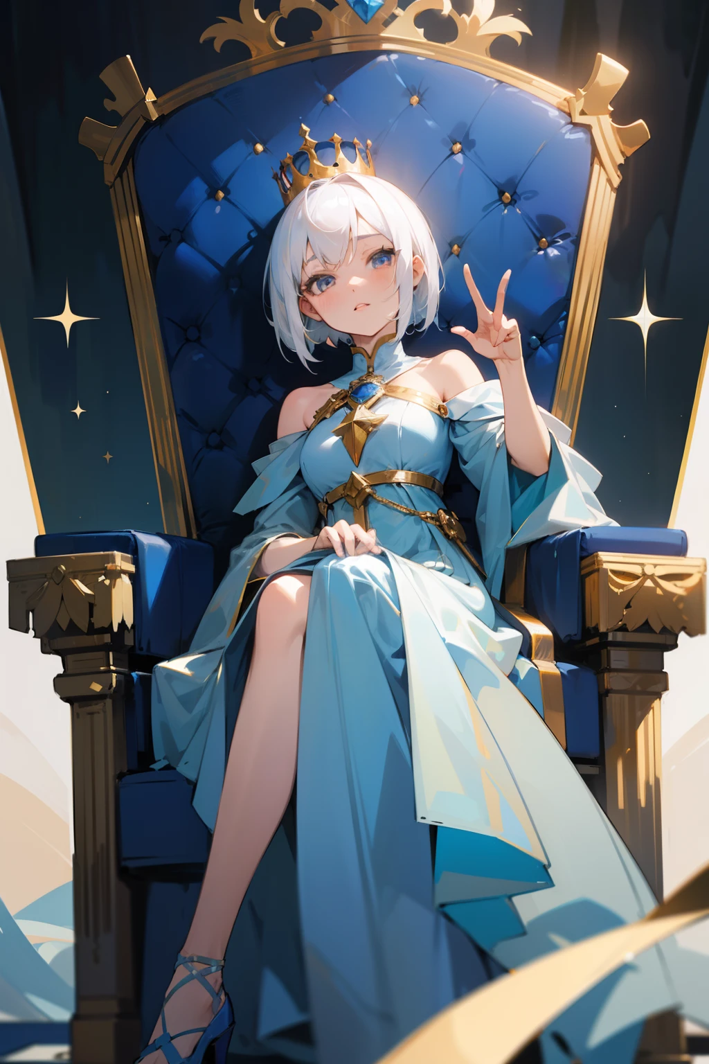 solo, 1girl, (masterpiece), ((20 year old appearance)), white hair, short hair, white eyes, anime girl, Golden Crown, Blue dress, Throne of ice