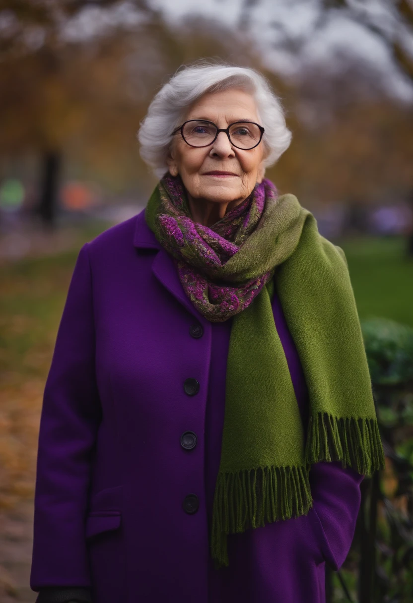 masterpiece, best quality, an old woman with glasses and a scarf on, wearing a purple coat and green scarf, standing at the park