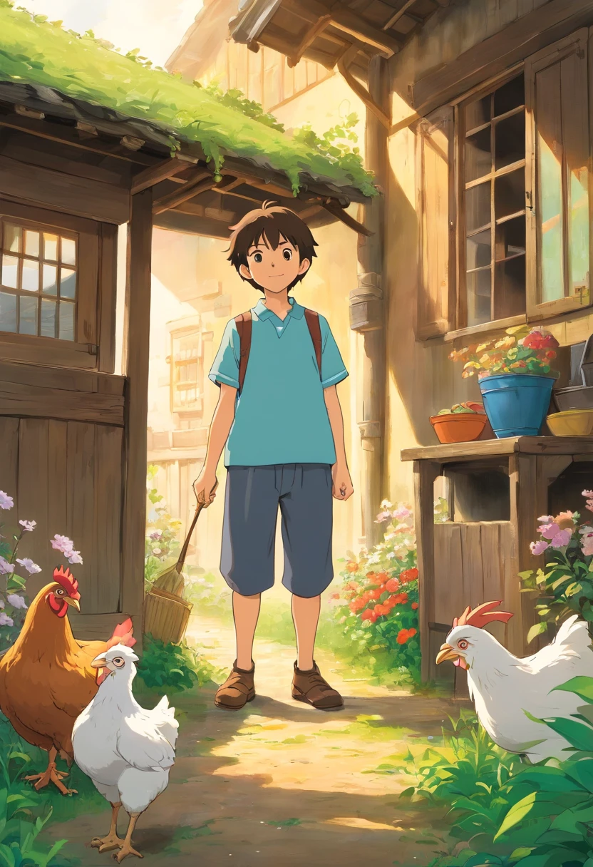 -old schving with his parents and two sisters in a small farm, in a rural area, small house with small farm that has chiken and goat.