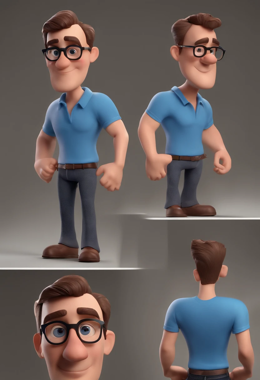 Cartoon character of a man with black glasses and a blue shirt, animation character, Caractere estilizado, animation style rendering, 3D estilizado, Arnold Maya render, 3 d render stylized, toon render keyshot, Personagem 3D, Personagem 3D, 3d rendering stylized, 3 d character render, personagem de desenho animado, Personagem de close up, Pose de personagem, (Estilo Pixar) (master part:1.2) (Bokeh) (best quality) (pele detalhada) (textura detalhada) (8k) (argila) (Cinematic lighting) (foco nítido