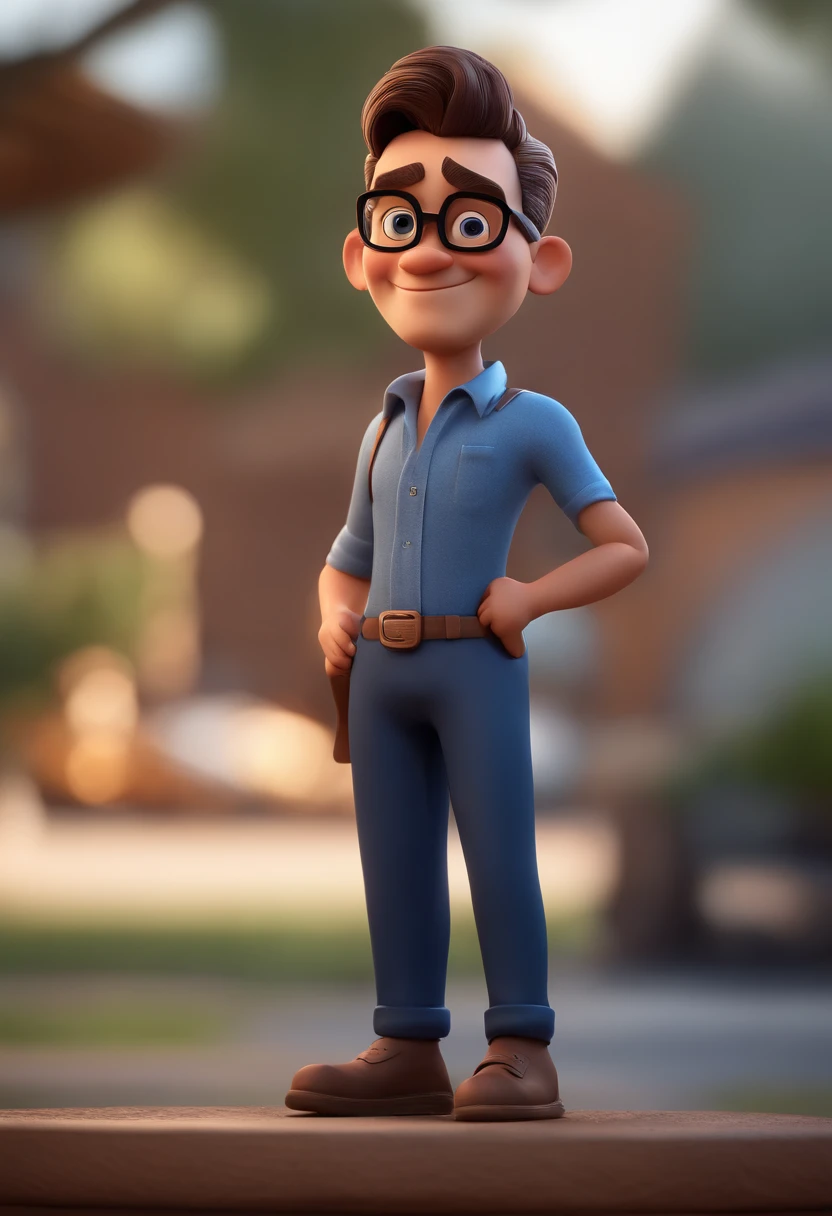 Cartoon character of a man with black glasses and a blue shirt, animation character, Caractere estilizado, animation style rendering, 3D estilizado, Arnold Maya render, 3 d render stylized, toon render keyshot, Personagem 3D, Personagem 3D, 3d rendering stylized, 3 d character render, personagem de desenho animado, Personagem de close up, Pose de personagem,  (Estilo Pixar) (master part:1.2) (Bokeh) (best quality) (pele detalhada) (textura detalhada) (8k) (argila) (Cinematic lighting) (foco nítido
