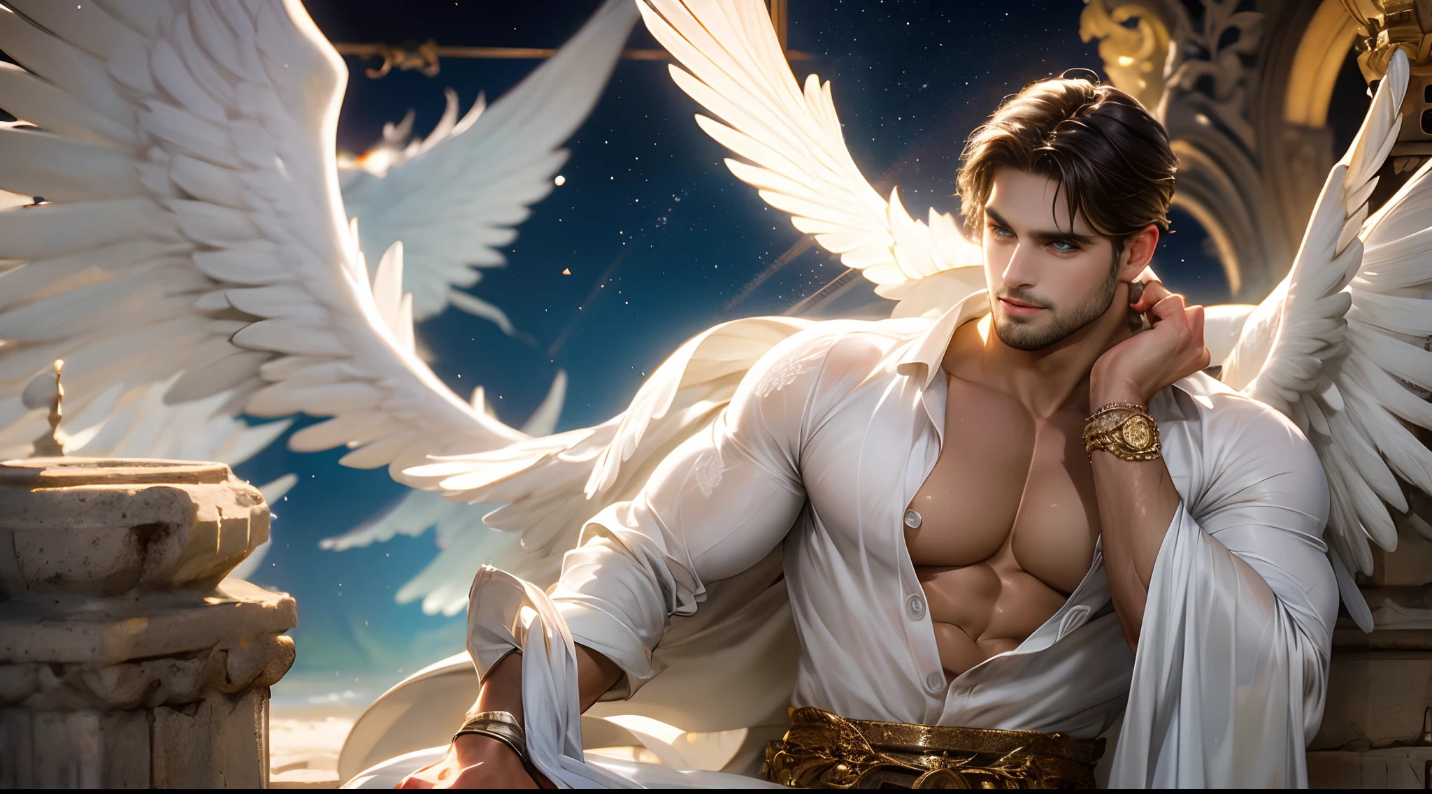 1 man, alone, young handsome man, Latin mulatto skin, attractive features, tan tone skin, dark blue eyes, friendly expression, huge white wings coming out of his back, wings of one angel, physical fitness, man's long haircut medium, black brown hairstyle, small beard, casual clothing, winter outfit, anatomically correct body, full body tattoos. emotion: greet, environment: extreme winter storm